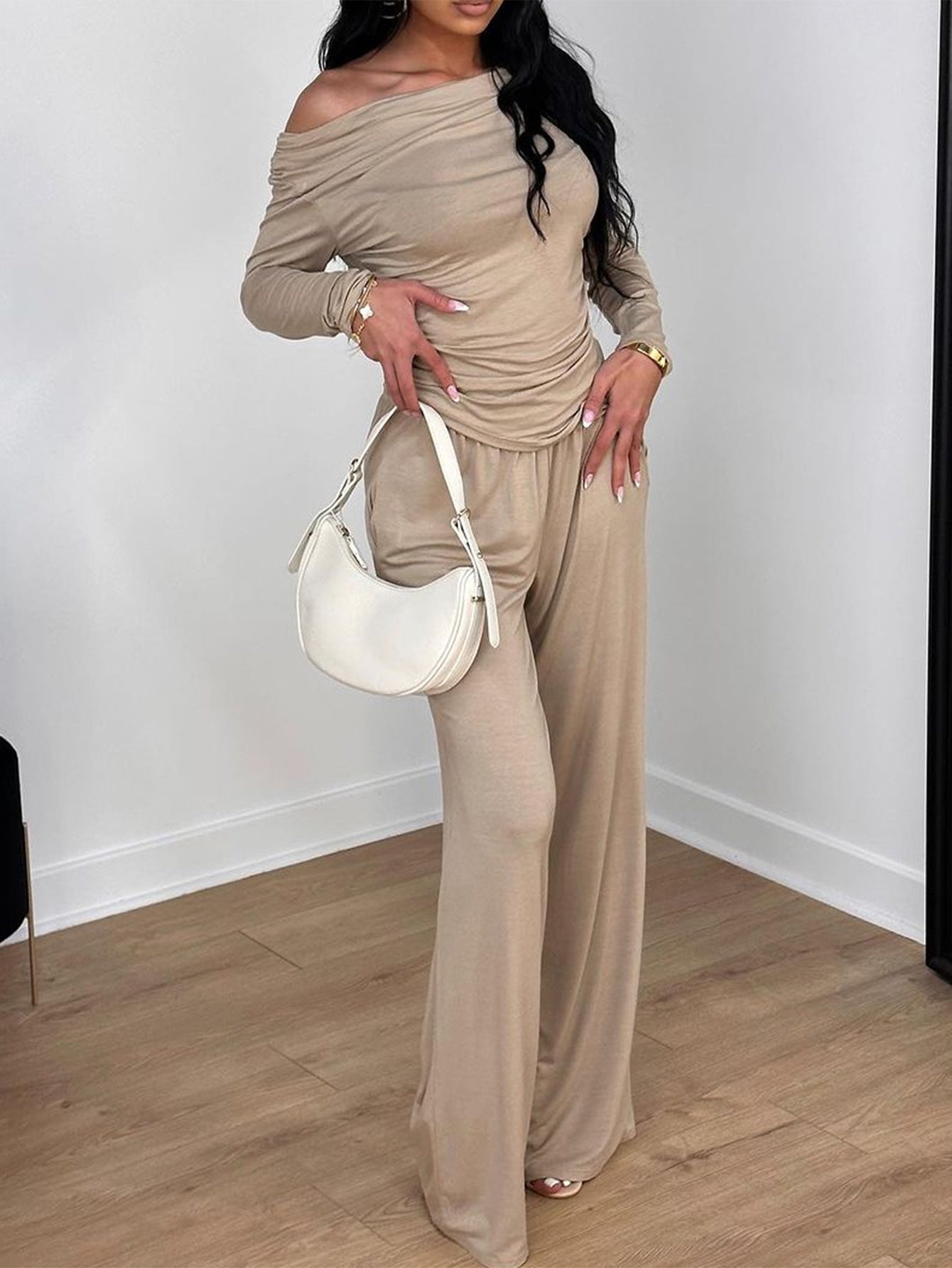 Off-Shoulder Wrap-Waist Top Wide-Leg Pants Elegant Set