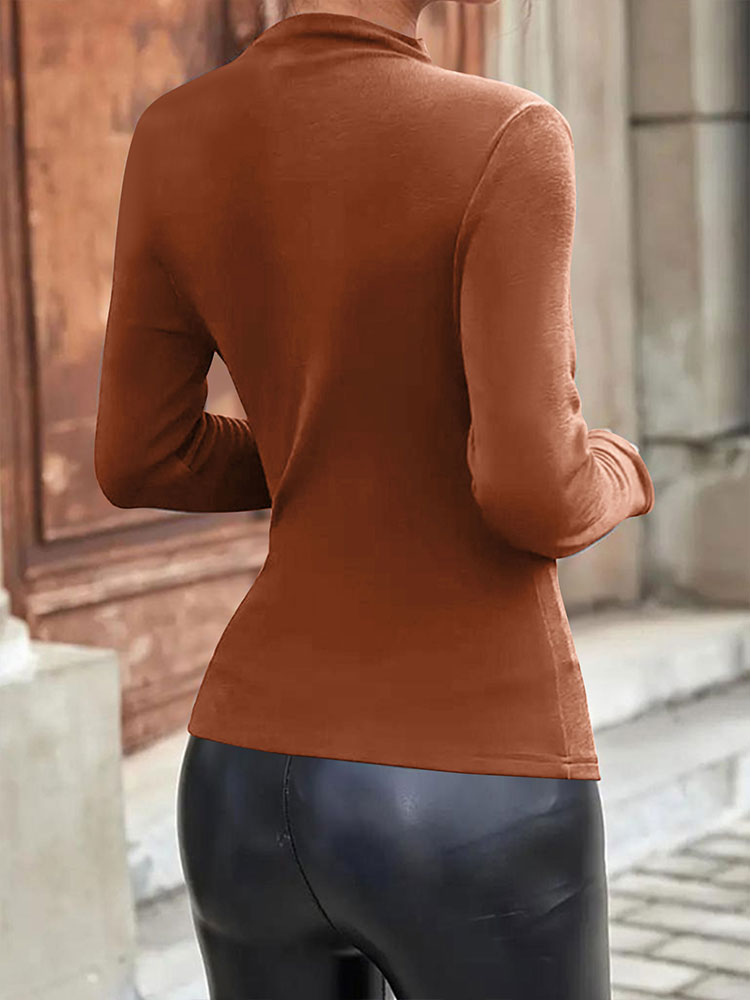 Ruched Mock Neck Long Sleeve T-Shirts