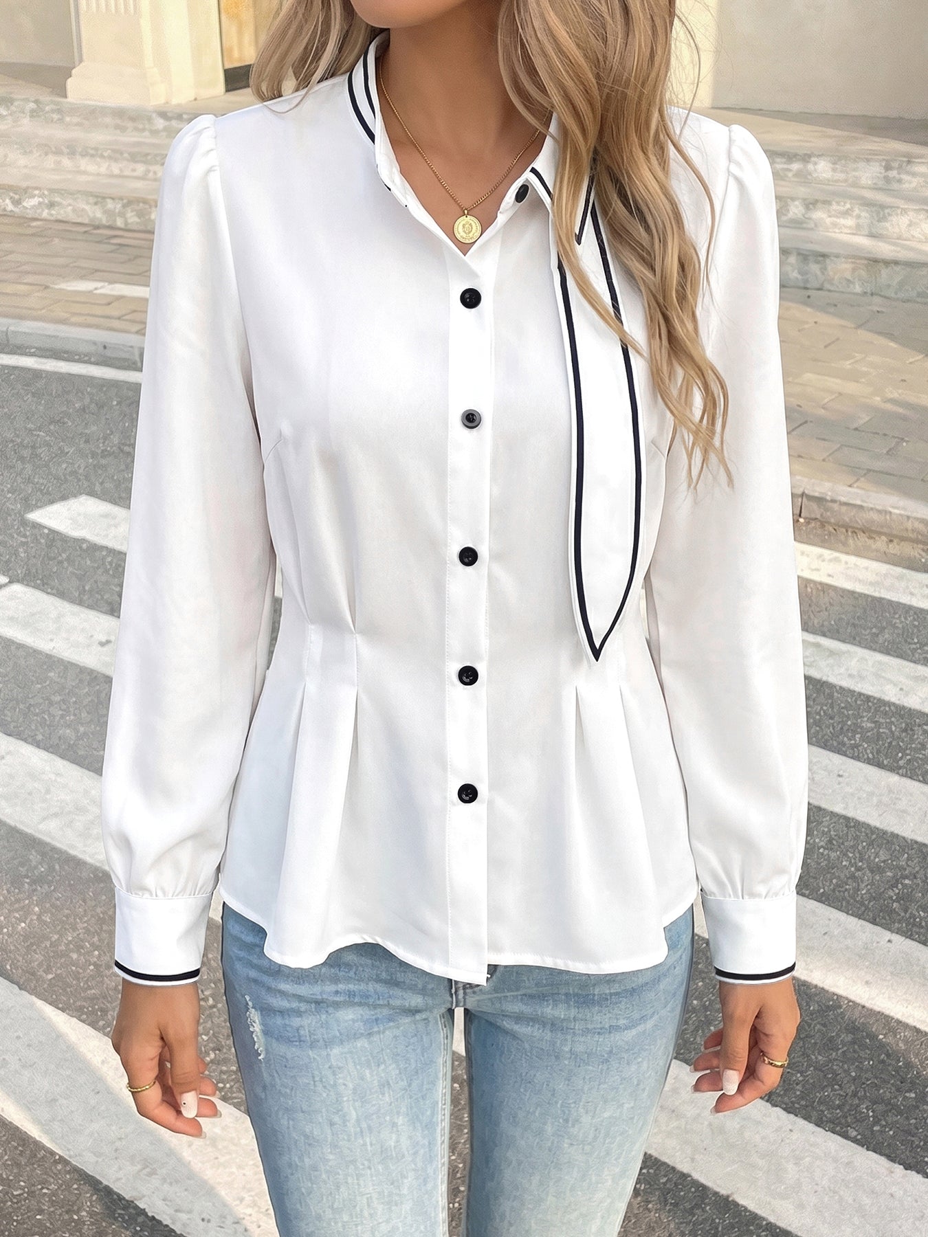 Elegant Contrast Trim Button Up Shirt