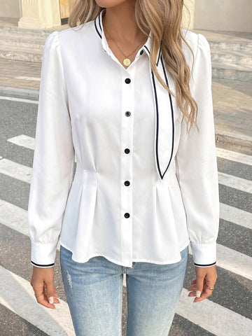 Elegant Contrast Trim Button Up Shirt