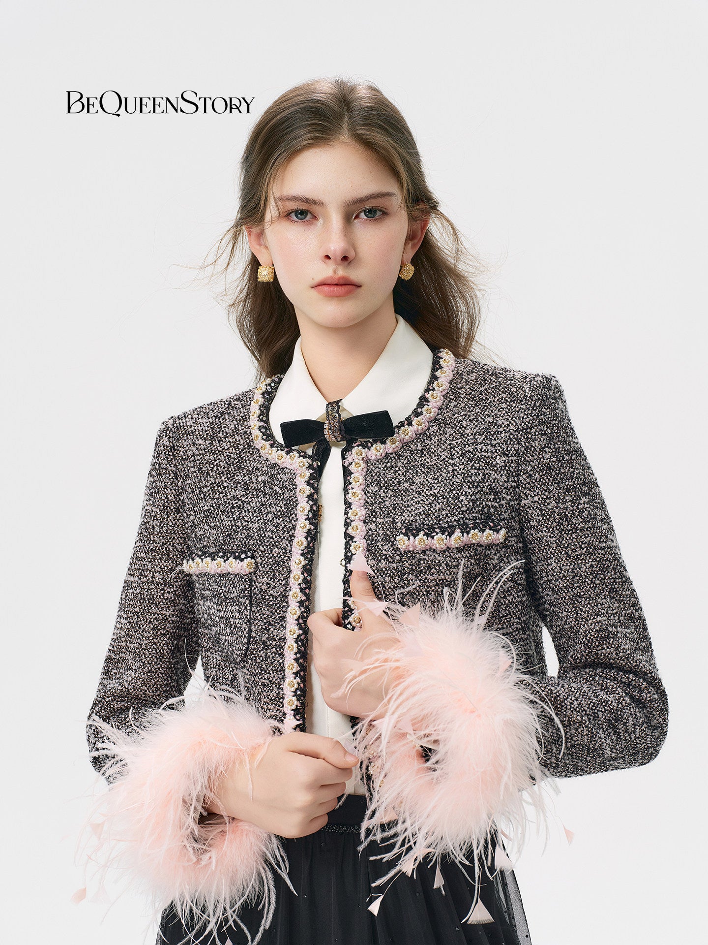 Feather Trim Tweed Cropped Jacket