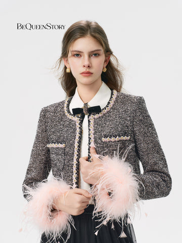 Feather Trim Tweed Cropped Jacket