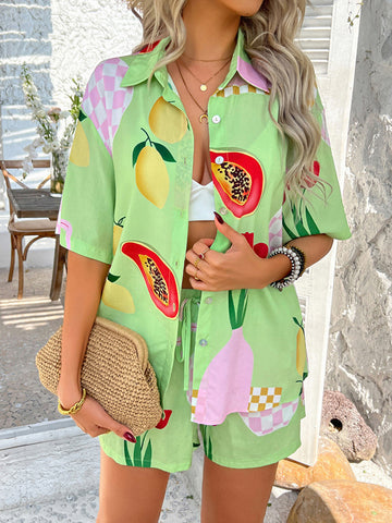 Short Sleeve Tropical Print Resort Shorts Set