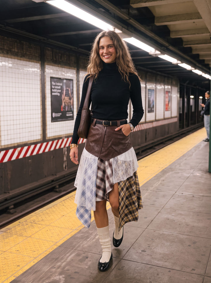Patchwork Plaid High Waisted Denim Skirt