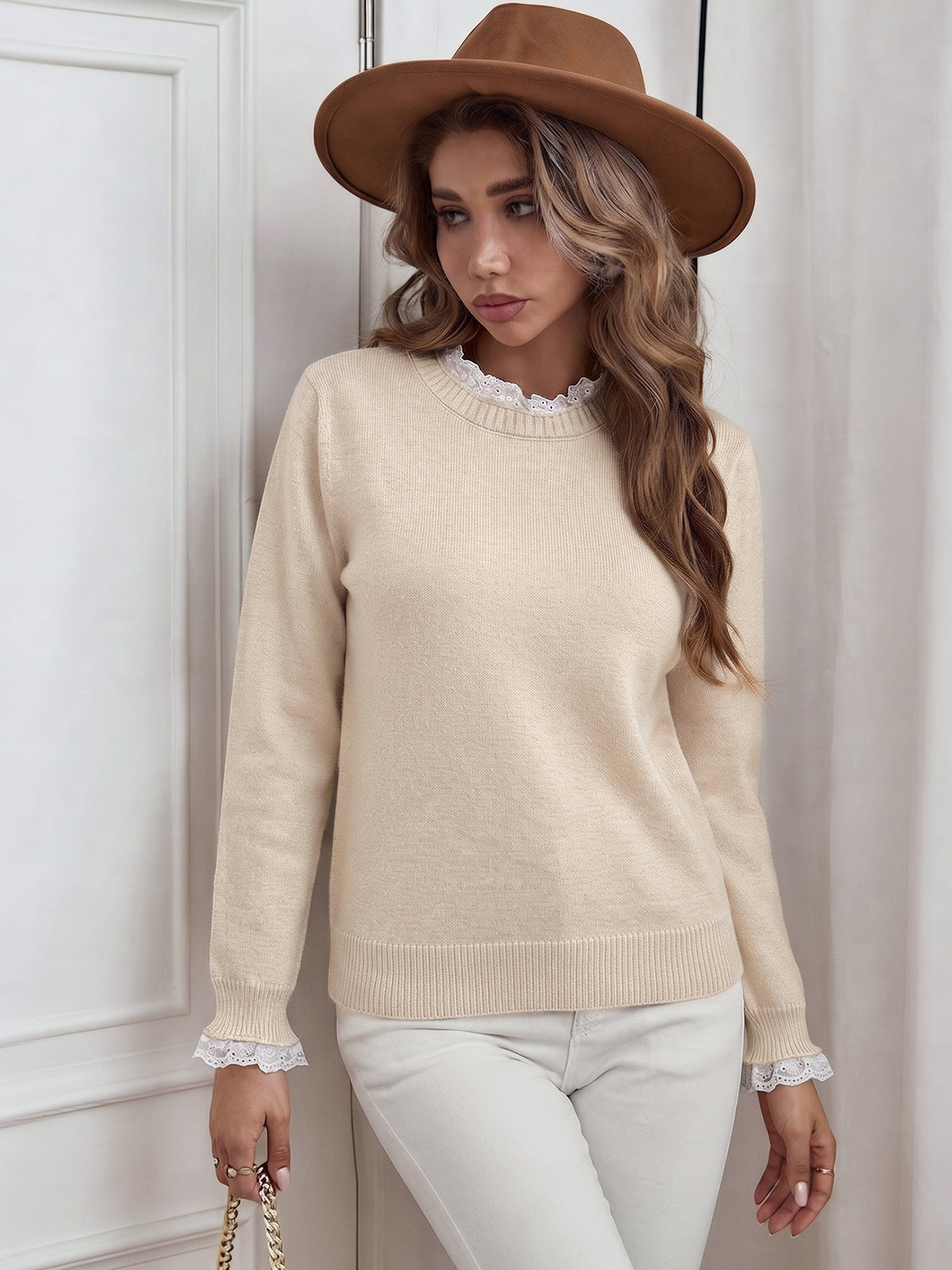 Lace Trim Crewneck Pullover Sweater