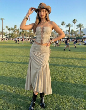 Urban Revivo Ruffle Midi Fishtail Skirt-Natural