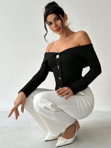 Elegant Off Shoulder Button Down Top