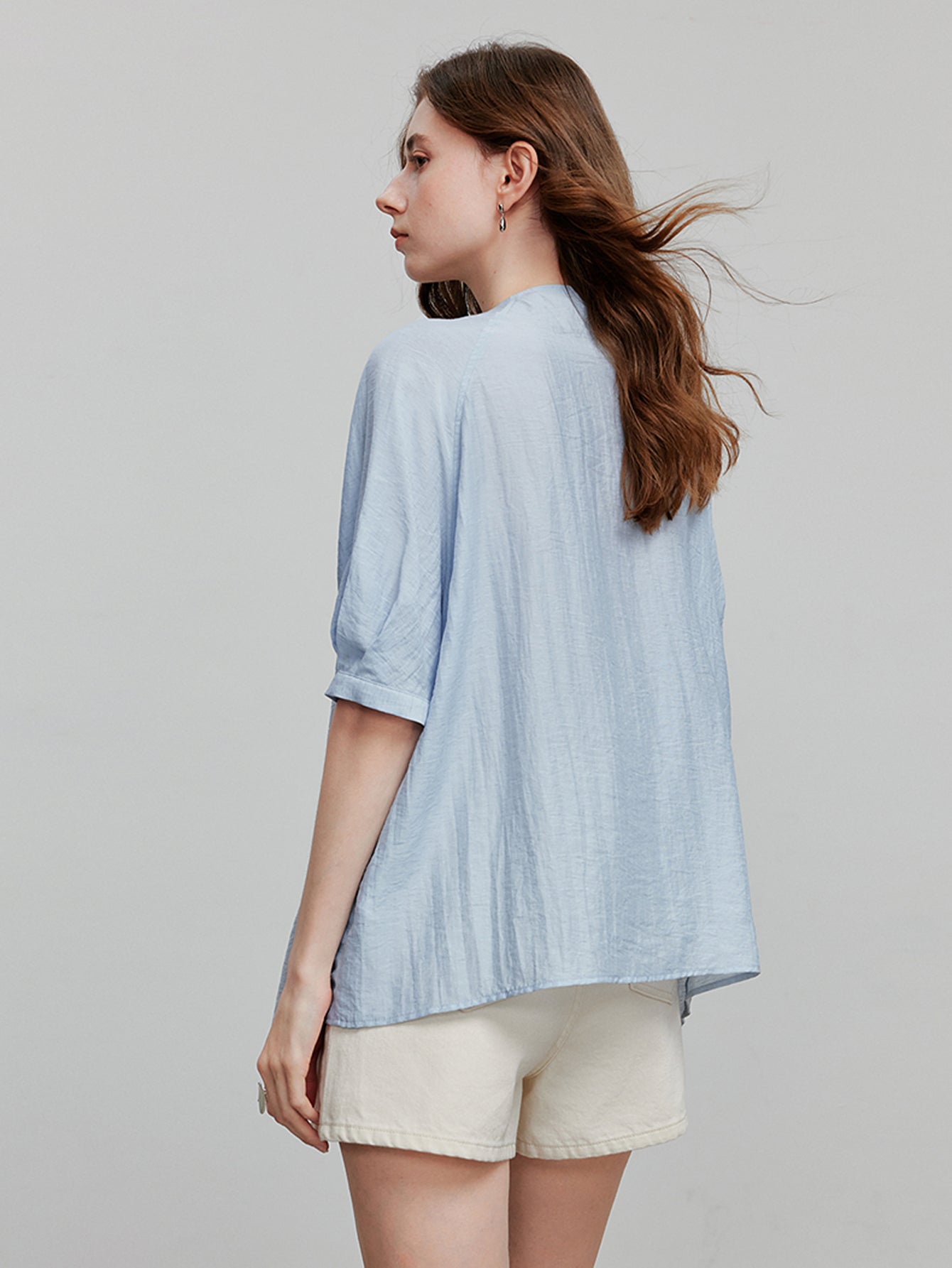 TOYOUTH Linen Blend Tie-Neck Relaxed Blouse