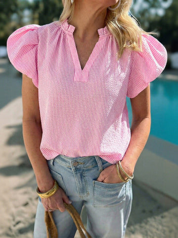 Puff Sleeve Striped Chiffon Blouse