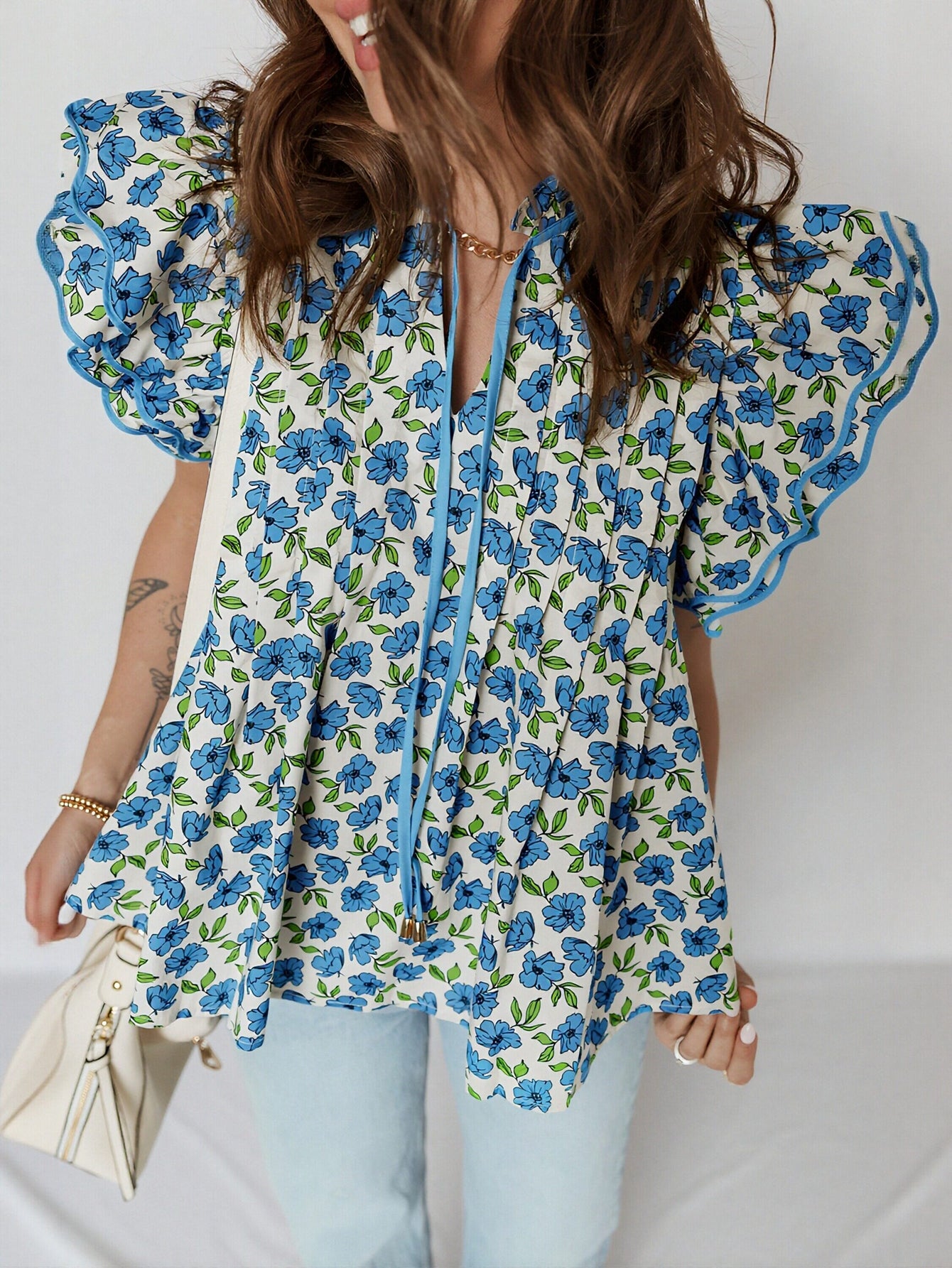 V Neck Ribbon Tie Blouse