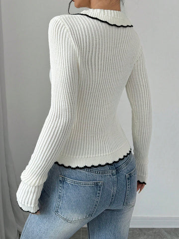 Contrast Bow Tie Ribbed Cardigan