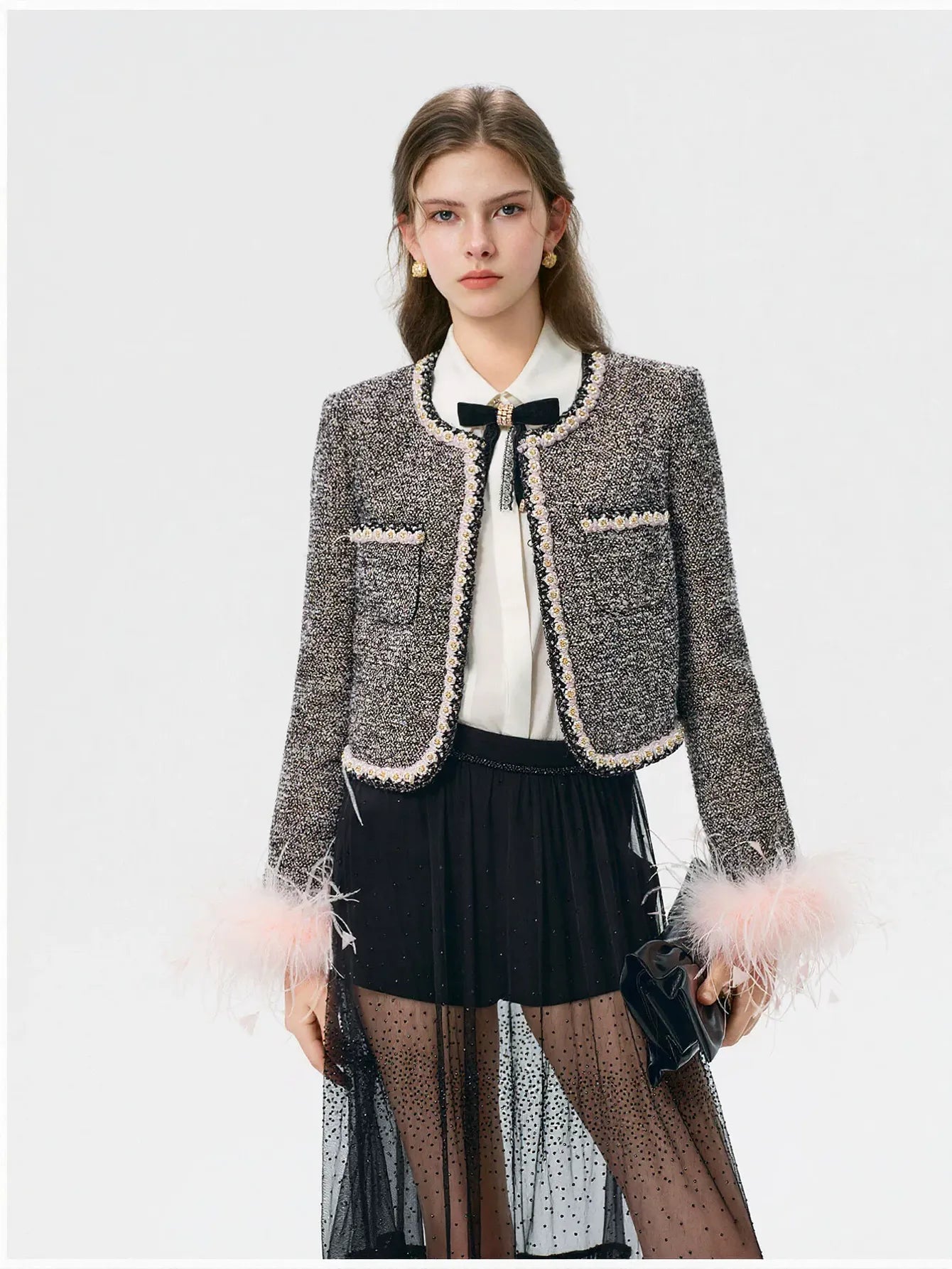 Feather Trim Tweed Cropped Jacket