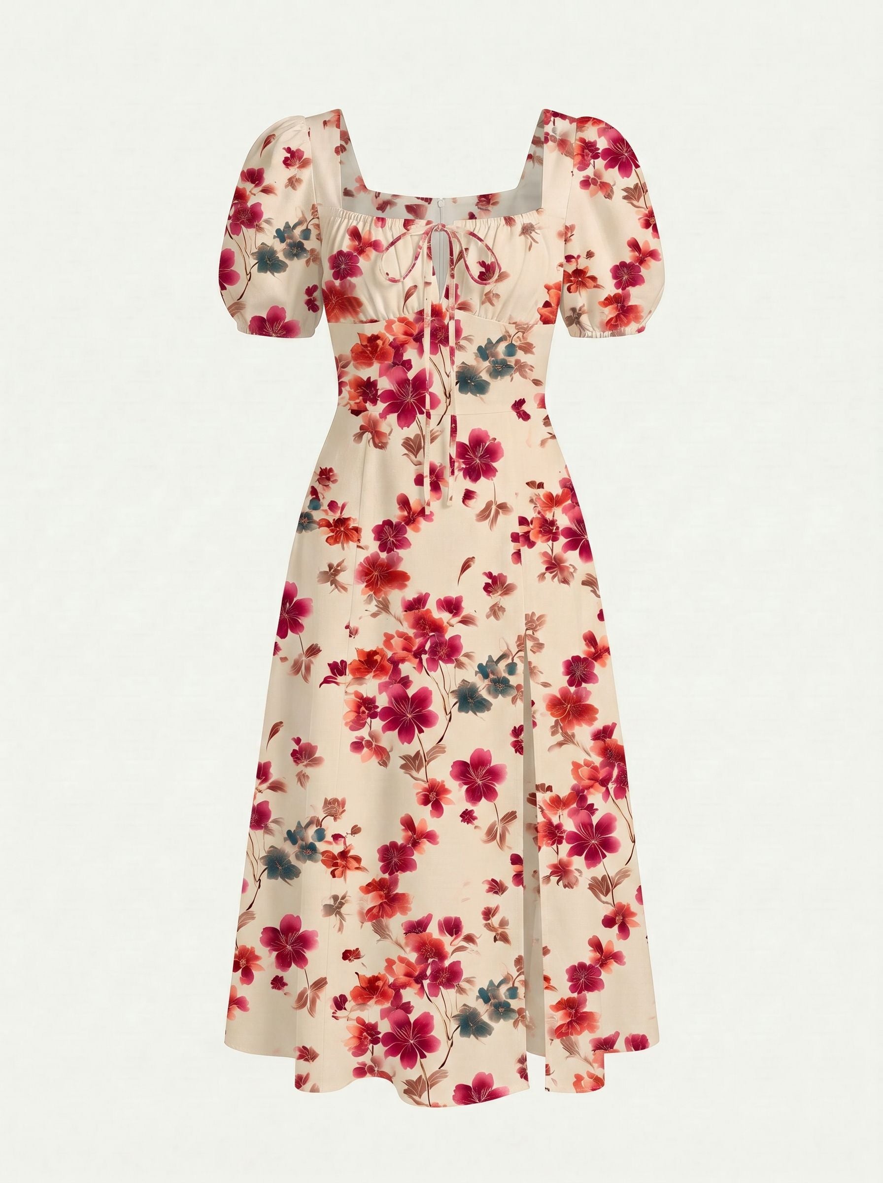 Floral Print Puff Sleeve Tie MidiDress