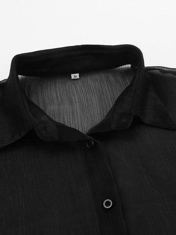 Sheer Balloon Sleeve Button Up Shirt