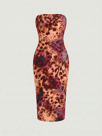 MAIA Floral Print Strapless Sheath Midi Dress