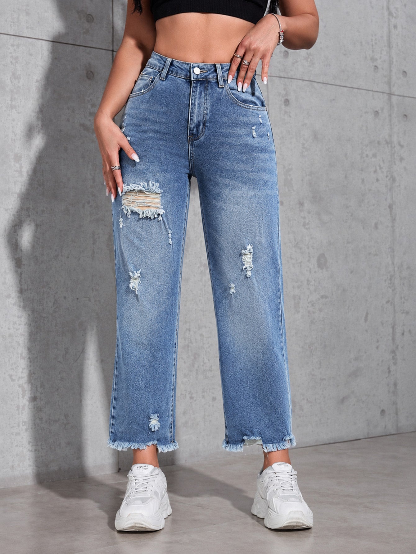 Distressed High Waisted Straight Jeans