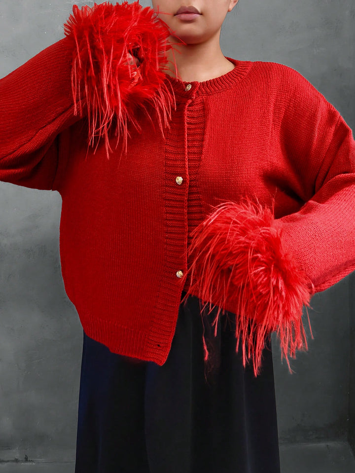 Feather Trim Button Down Cardigan