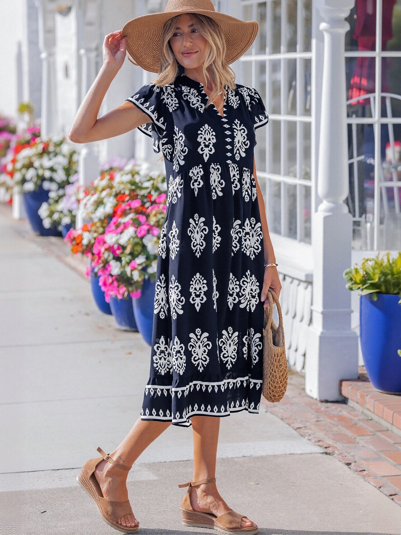 Boho Printed V Neck Midi Dress