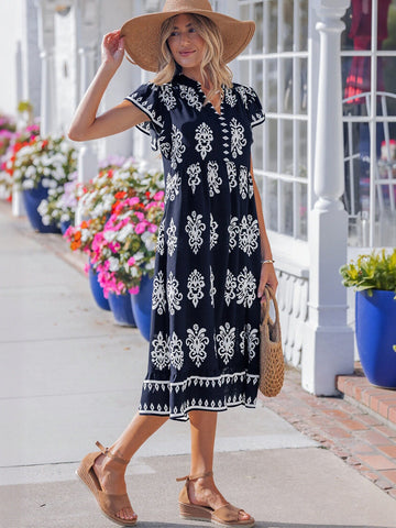 Boho Printed V Neck Midi Dress