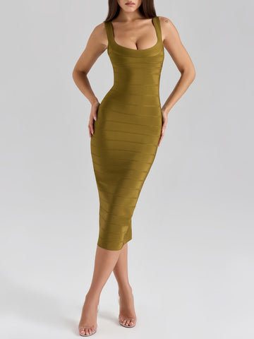 Deep U-Neck Ribbed Elegance Midi Dress