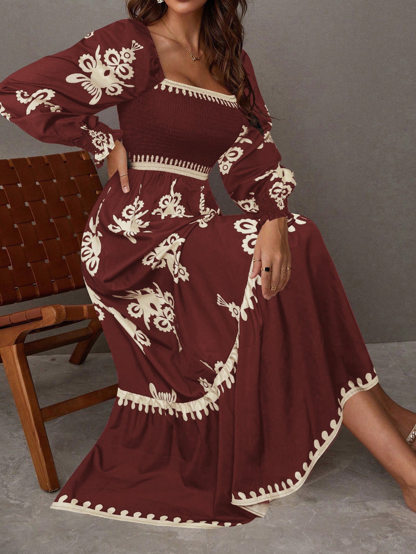 Embroidered Smocked Square Neck Maxi Dress