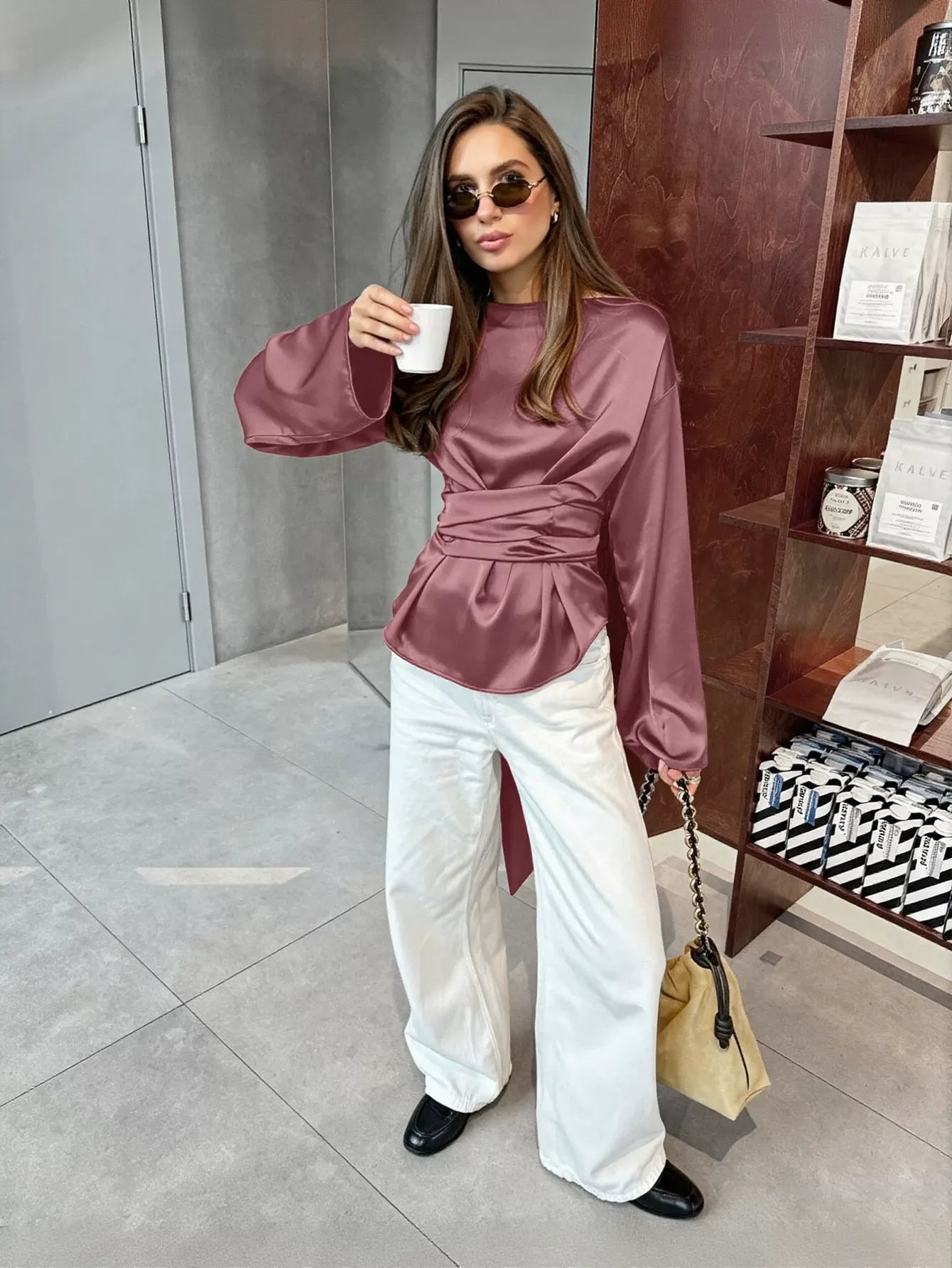 Satin Ruched Waist Long Sleeve Blouse