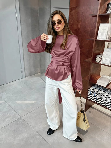 Satin Ruched Waist Long Sleeve Blouse