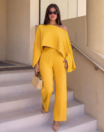 Pleated Off Shoulder Wide Leg Pants Set