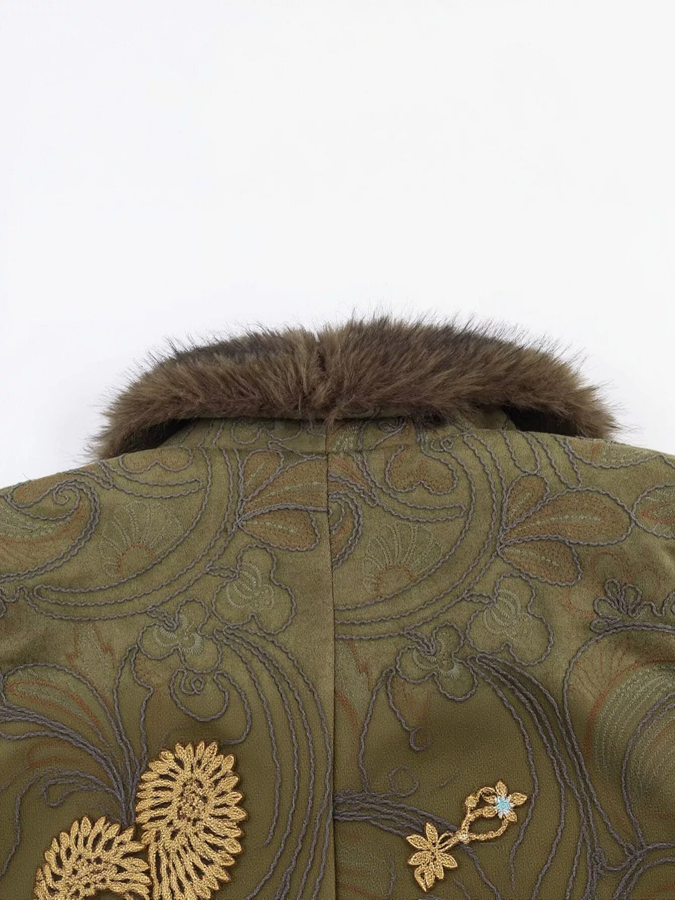 Embroidered Faux Fur Trim Coat