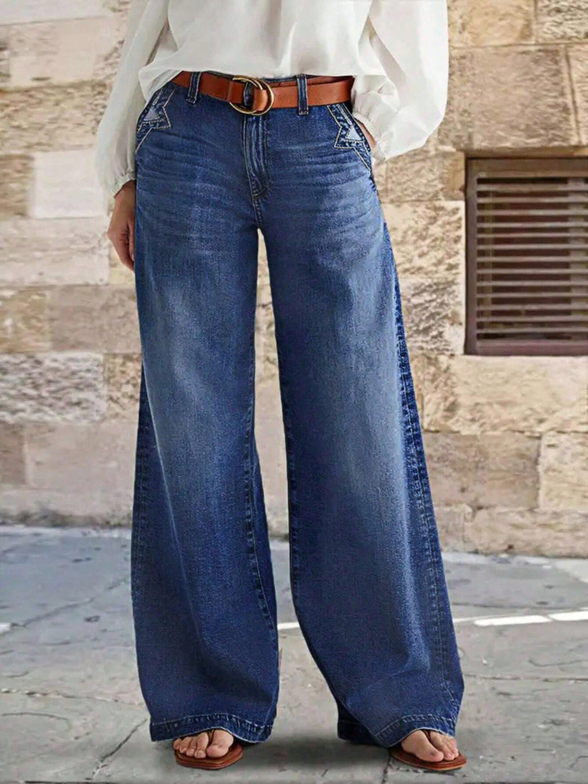 Embroidered High Rise Wide Leg Jeans