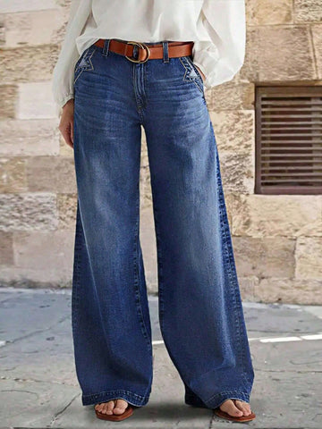Embroidered High Rise Wide Leg Jeans
