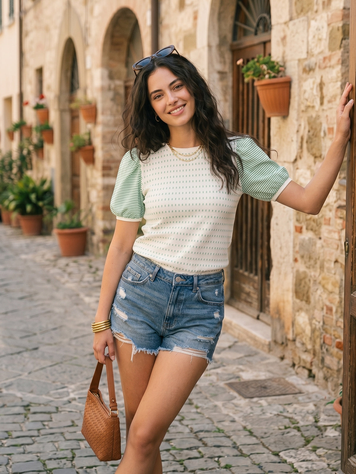 Striped Puff Sleeve Knit T Shirt