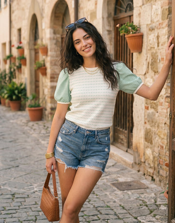 Striped Puff Sleeve Knit T Shirt
