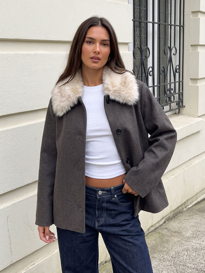 Cozy Faux Fur Collar Wool Coat