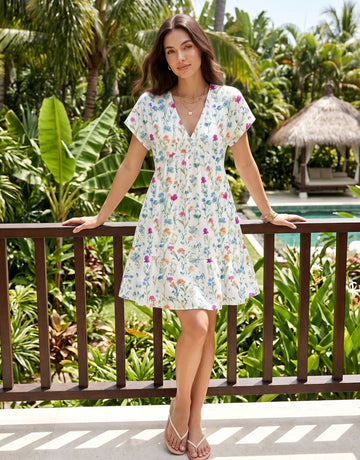 EVA Floral Print V Neck Tiered Babydoll Mini Dress