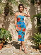 MAIA Tropical Hibiscus Print Strapless Sheath Midi Dress