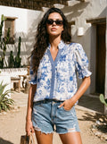 Smocked Floral Print Chiffon Blouse