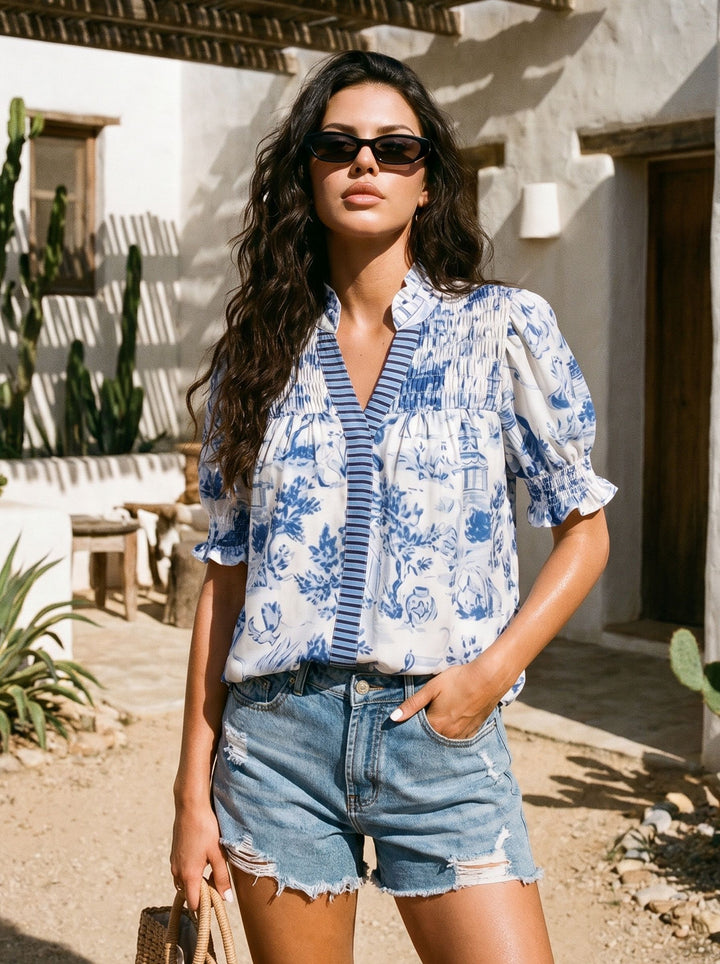 Smocked Floral Print Chiffon Blouse