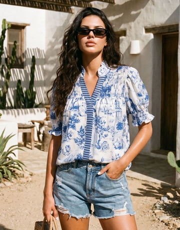 Smocked Floral Print Chiffon Blouse