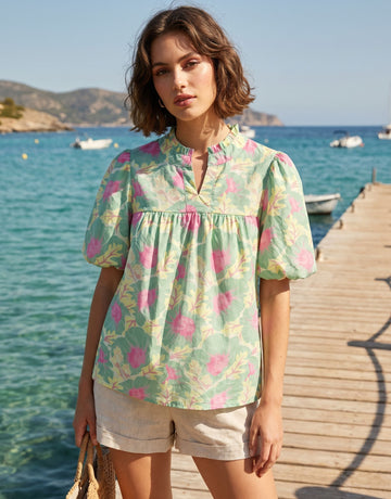 Floral Print Keyhole Neck Blouse