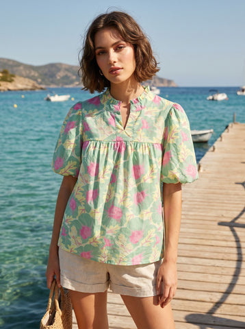 Floral Print Keyhole Neck Blouse