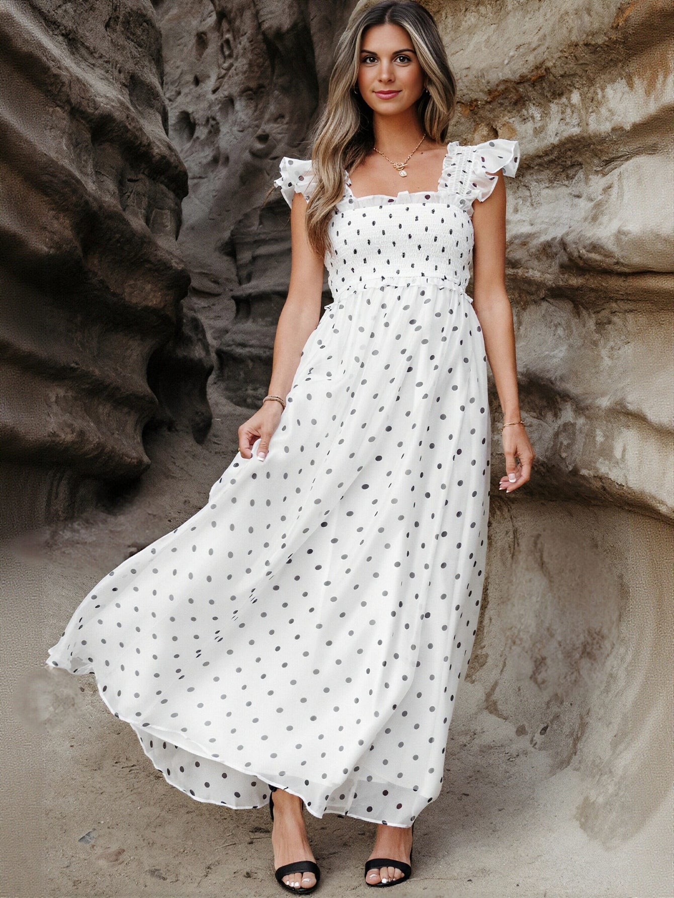 Ruffled Polka Dot Smocked Maxi Dress