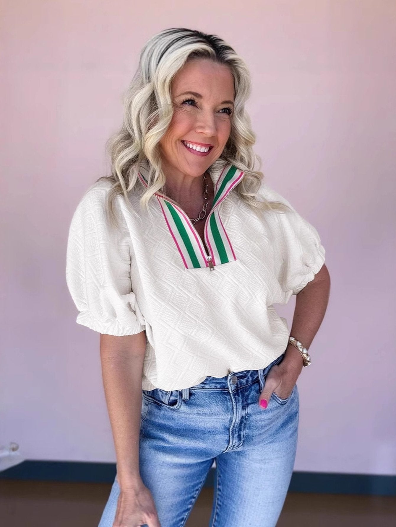 Cropped Half Zip Blouse