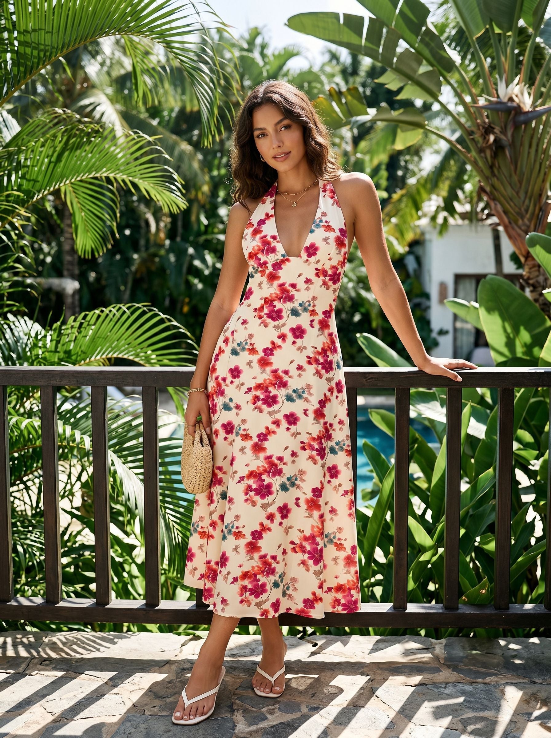 Floral Print Halter Neck Tie Back Midi Dress