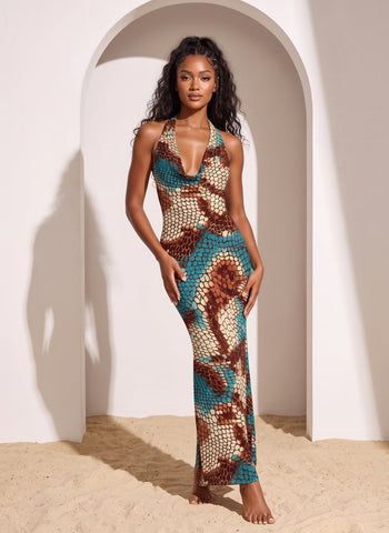 LILA Turquoise Snakeskin Print Cowl Neck Bodycon Maxi Dress