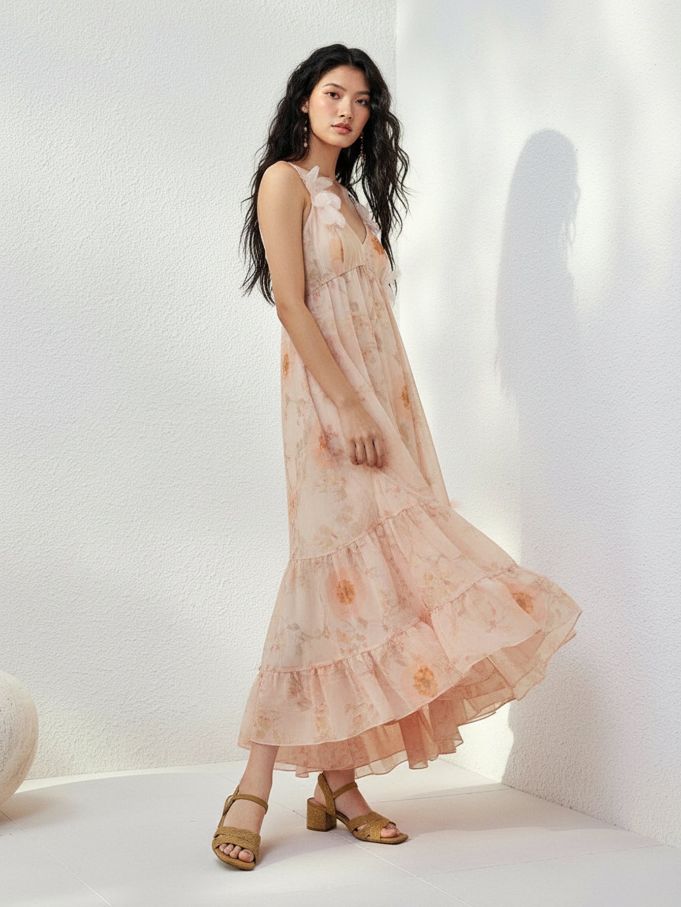 Urban Revivo Floral Decor A-Line Maxi Dresses-Pinky Orange Print