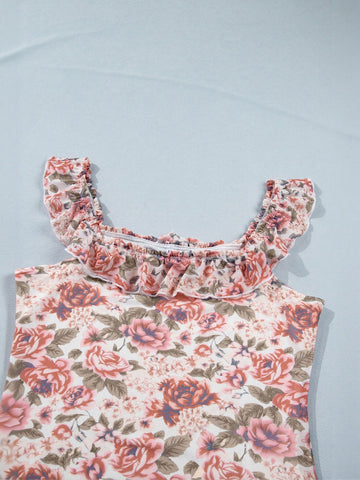 Floral Ruffle Trim Square Neck Tank