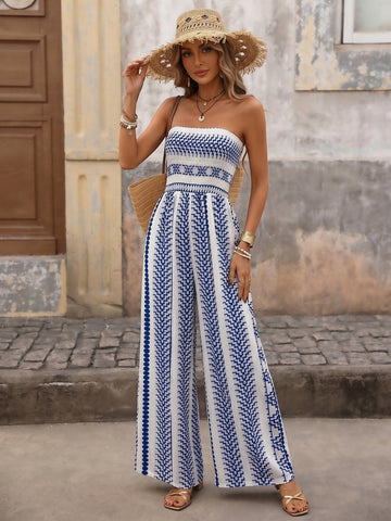 Strapless Smocked Printed Wide Leg Jumpsuit