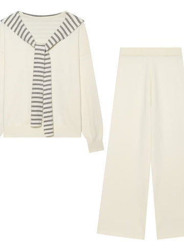 Casual Striped Sailor Collar Knit Pants Sets