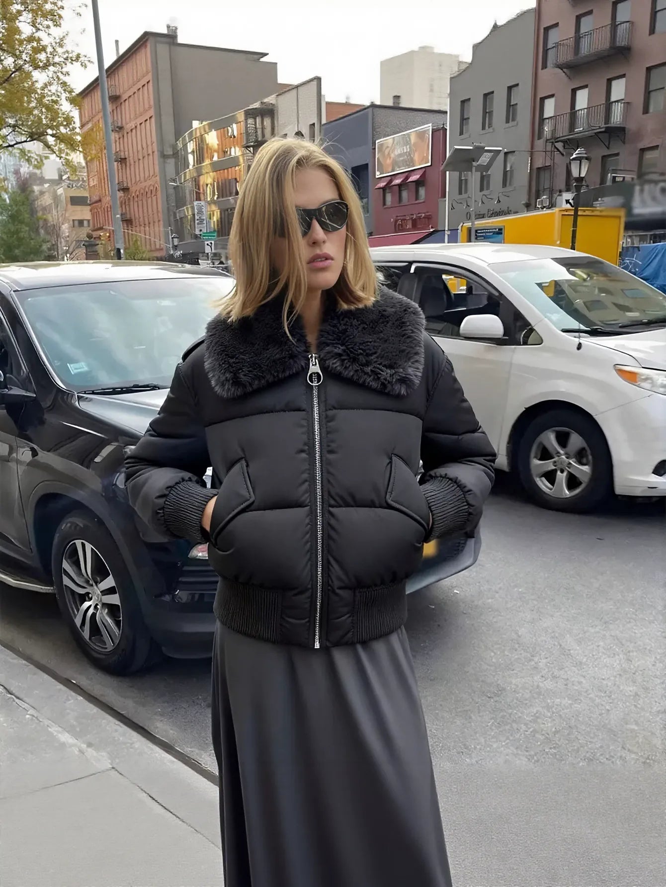 Faux Fur Collar Cropped Puffer Jacket